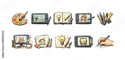 Art and drawing flat icon set. Creative, illustration tools icons flat collection