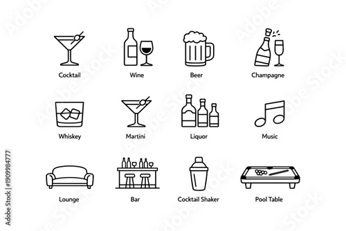 Line art icons of drinks and entertainment elements