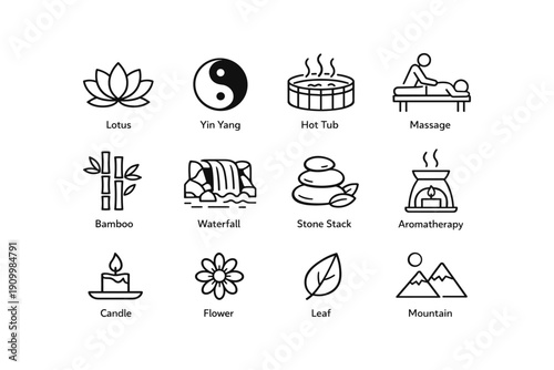 Spa icon set: relaxation symbols including lotus, massage, aromatherapy, and hot tub