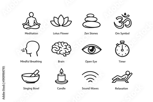 Meditation symbols set: lotus, zen, om, mindfulness, relaxation icons collection