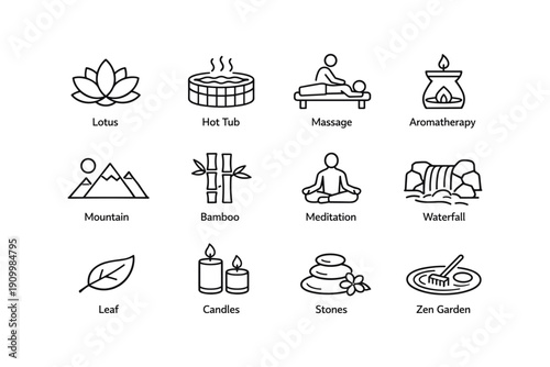 Spa and relaxation icons: lotus, hot tub, massage, aromatherapy, meditation, zen garden