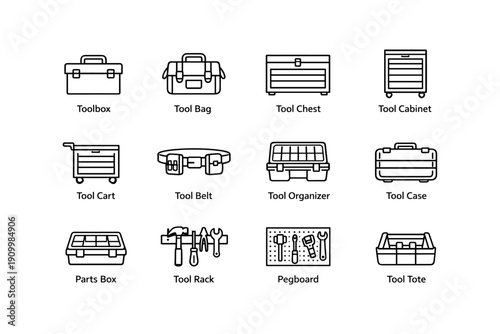 Tool storage line icons: toolbox, tool bag, tool chest, tool cabinet, tool cart, tool belt
