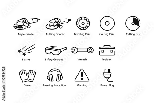 Tools and safety icons: grinder, disc, gears, goggles, wrench, toolbox, safety gear