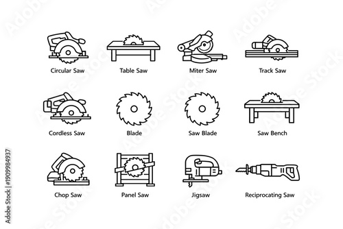 Collection of saw types with tools and blades icons