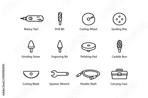 Rotary tool kit with attachments including drill bit cutting wheel sanding disc