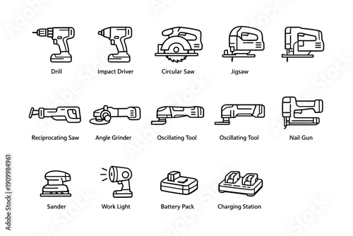 Icons of power tools: drill, saw, grinder, nail gun, and more