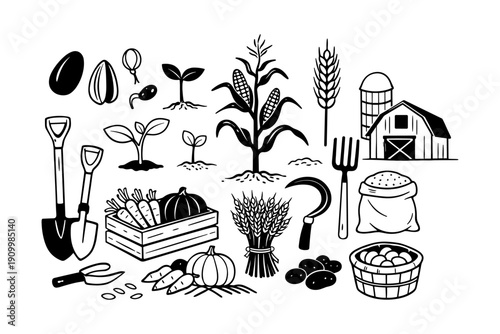 Monochrome farm icons: tools, plants, barn, silos, crops, harvest, agriculture elements