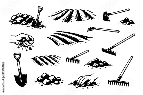 Black and white farming tools and soil illustrations