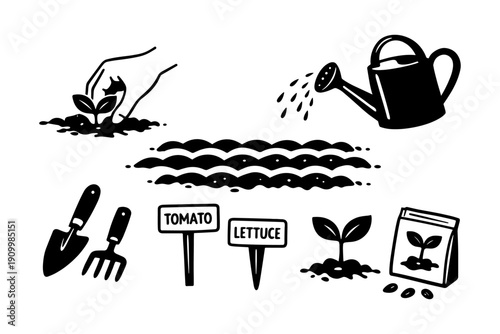 Gardening symbols: planting, watering, tools, seeds, tomato, lettuce signs