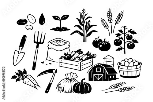 Vector farm icons: agriculture tools, crops, and produce in black and white