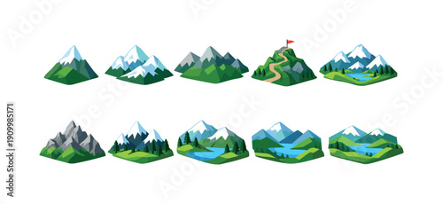 Nature landscape flat icon set. Mountains, lakes, trees, nature elements collection