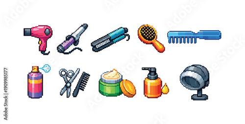 Hair salon, beauty flat icon set. Tools, styling, haircare, salon flat vector icons.