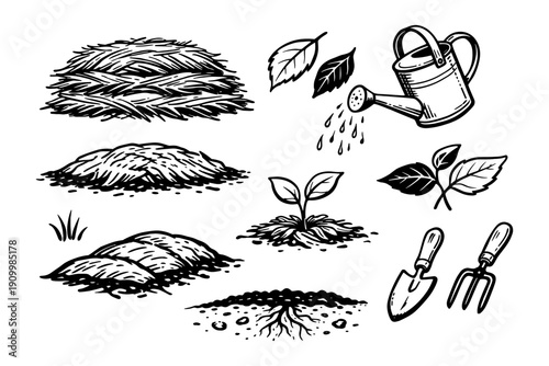 Gardening tools and plants: watering can, seedlings, soil, mulch, leaves, trowel, fork