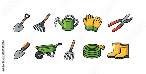 Gardening tools icon set. Flat garden supplies, equipment, and accessories icons.