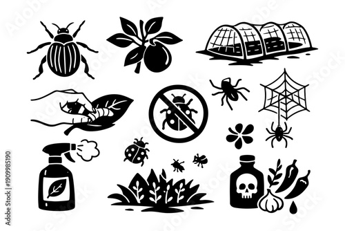 Pest control icons: insects, spider webs, greenhouse, spray, prevention