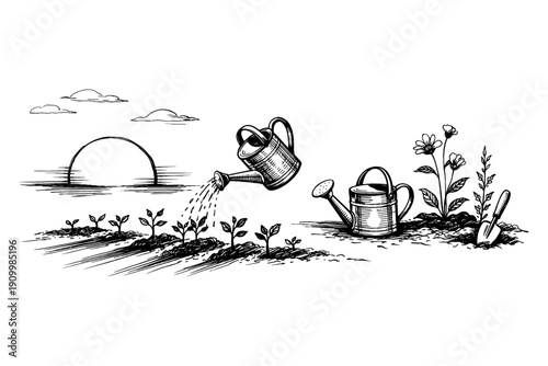 Vintage garden scene with watering cans and blossoming plants