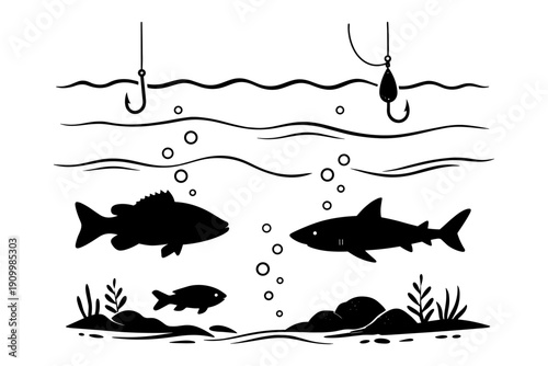 Silhouette of marine life with fish hooks and seaweed in black and white illustration