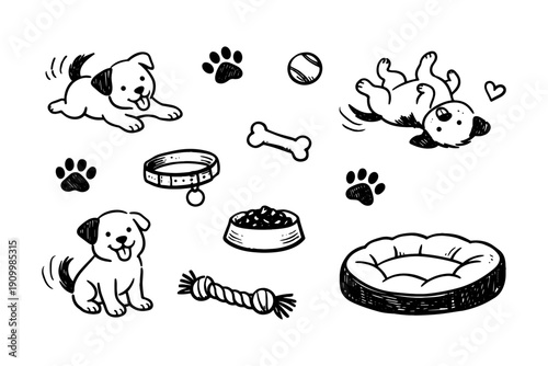 Playful cartoon puppies with toys and accessories in black and white doodle style