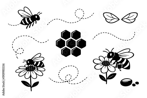Bees and honeycomb with floral elements in black and white illustration