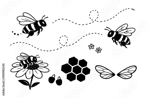 Bee illustration: flying bees, honeycomb, flower, wings, pollination