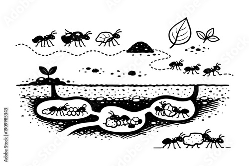 Ant colony diagram: tunnels and activities above and below ground