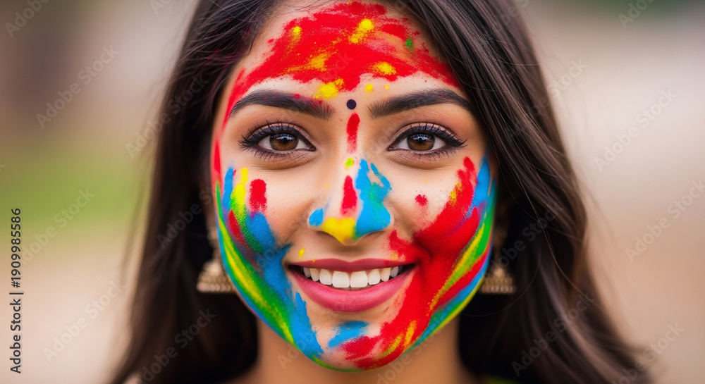Obraz premium Holi Festival Explosion of colorful powder (gulal), happy faces covered in colors, water guns, indian festival.