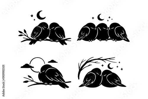 Silhouette art of birds perched under moonlit sky