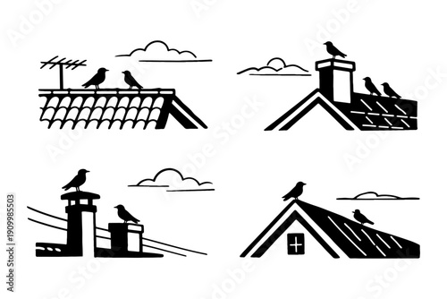 Silhouette of birds on rooftops with antenna and chimney against cloudy sky