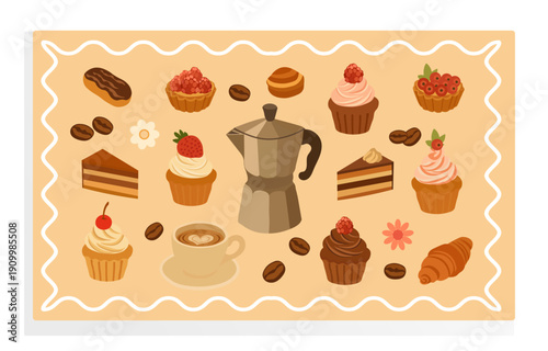 A charming set of hand-drawn vector icons. Coffee pot, mug, croissants, macarons, tartlets, eclairs, rolls, and cherry muffins. Suitable for banners, posters, postcards, menus, and recipes.