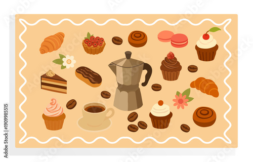 A charming set of hand-drawn vector icons. Coffee pot, mug, croissants, macarons, tartlets, eclairs, rolls, and cherry muffins. Suitable for banners, posters, postcards, menus, and recipes.