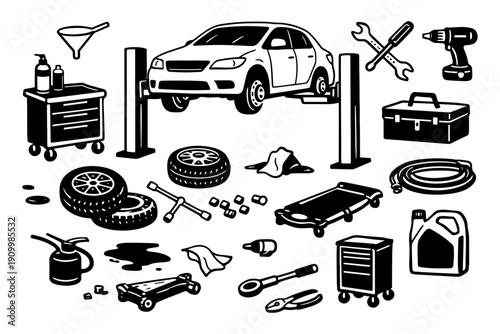 Car maintenance tools and equipment in garage setting illustration