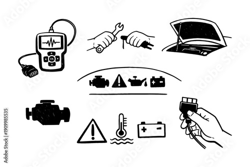 Car diagnostic icons: tools, symbols, connections, battery, engine, maintenance
