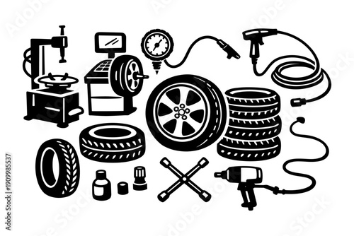 Car tire tools and equipment set: air pump, gauge, wrenches, and inflator icons