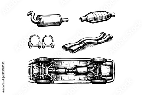 Car exhaust system components and diagram in black and white illustration