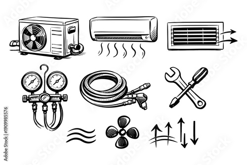 Hvac system components and tools: air conditioner, evaporator, gauges, and wrench set