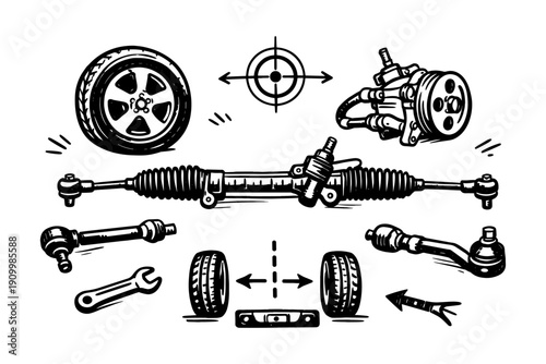 Illustration of car steering system components in black and white