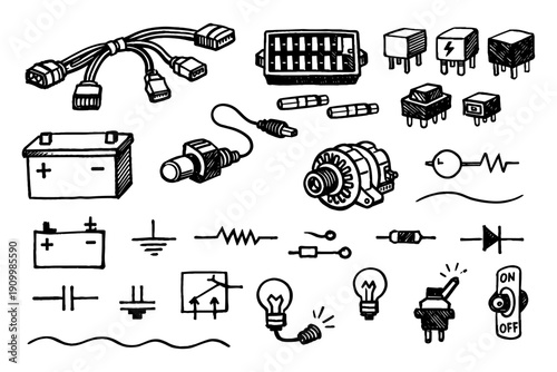 Hand-drawn car electrical components and circuit symbols doodle illustration