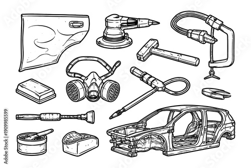 Automotive repair tools and car frame sketch with door and safety equipment