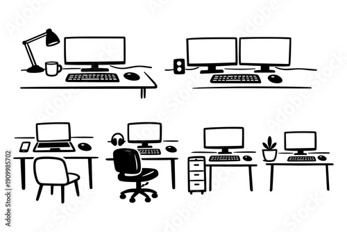 Minimalist office desks with monitors and accessories in black and white illustrations
