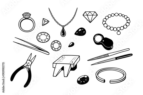 Jewelry making tools and gemstones illustration