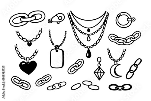 Black and white jewelry collection featuring necklaces, pendants, and chains
