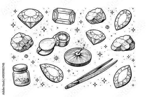 Gemstone and tool collection: jewelry crafting essentials with diamonds and minerals