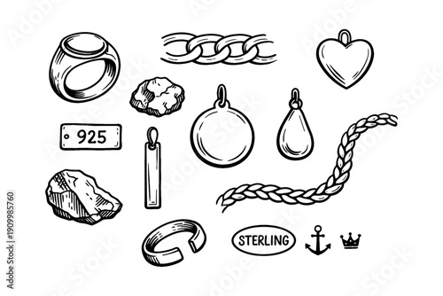 Sterling silver jewelry sketches: rings, chains, charms, and gemstones