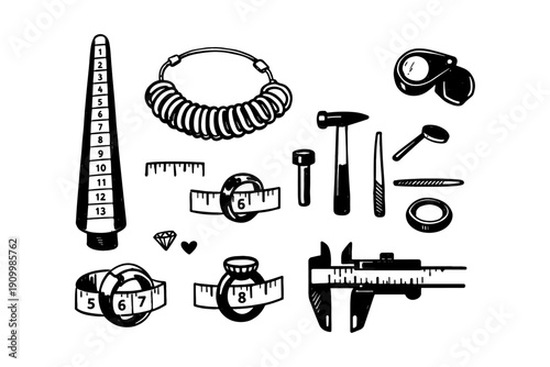 Jewelry sizing tools and measuring equipment design collection in black and white