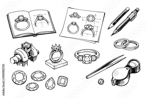 Jewelry design process: ring sketches, tools, and gemstones blueprint