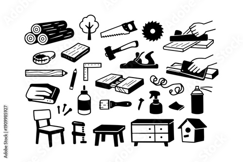 Woodworking tools and furniture elements in black and white design