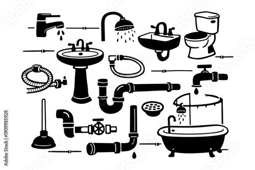 Silhouette set of plumbing fixtures and bathroom elements