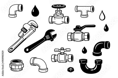 Collection of plumbing tools and pipe fittings with water droplets