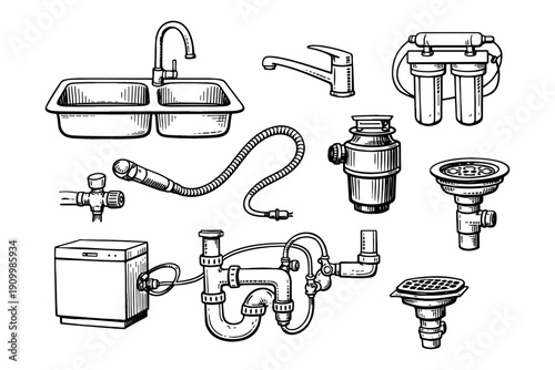 Hand-drawn kitchen plumbing components: sink, faucet, pipes, garbage disposal, water filter