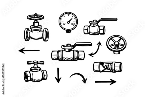 Various hand-drawn valve illustrations and directions with arrows